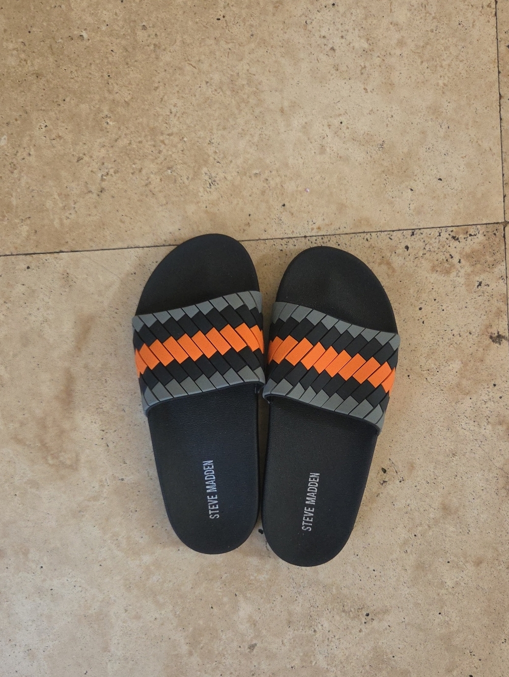 Steve Madden Black Slide Sandals with Orange and Gray Woven Straps